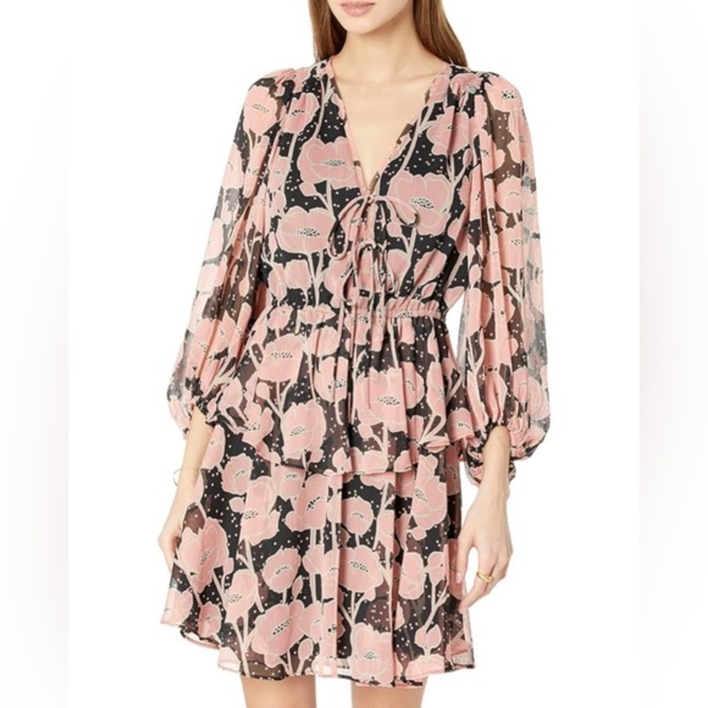 Pink Floral Long Sleeve V-Neck Tiered Dress